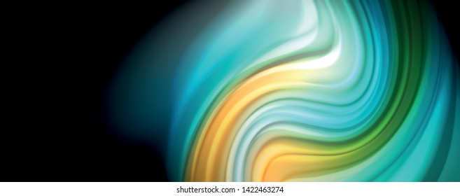 Resumen de líneas de onda fluidos estilo arco iris rayas de color sobre fondo negro. Ilustración artística vectorial para presentación, fondo de pantalla de aplicación, cartel o afiche