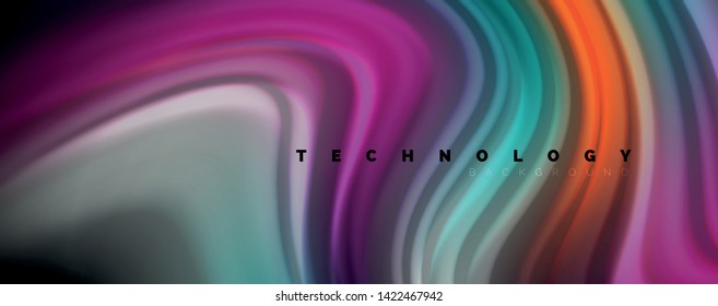 Resumen de líneas de onda fluidos estilo arco iris rayas de color sobre fondo negro. Ilustración artística vectorial para presentación, fondo de pantalla de aplicación, cartel o afiche