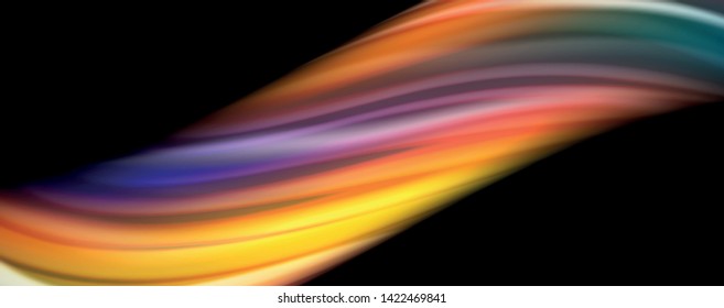 Resumen de líneas de onda fluidos estilo arco iris rayas de color sobre fondo negro. Ilustración artística vectorial para presentación, fondo de pantalla de aplicación, cartel o afiche