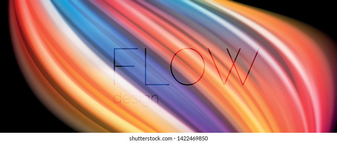Resumen de líneas de onda fluidos estilo arco iris rayas de color sobre fondo negro. Ilustración artística vectorial para presentación, fondo de pantalla de aplicación, cartel o afiche
