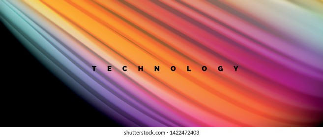 Resumen de líneas de onda fluidos estilo arco iris rayas de color sobre fondo negro. Ilustración artística vectorial para presentación, fondo de pantalla de aplicación, cartel o afiche