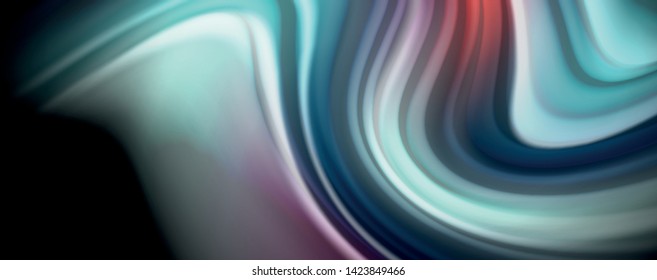 Resumen de líneas de onda fluidos estilo arco iris rayas de color sobre fondo negro. Ilustración artística vectorial para presentación, fondo de pantalla de aplicación, cartel o afiche