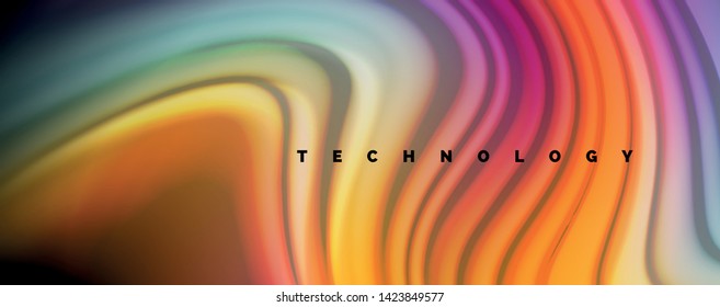 Resumen de líneas de onda fluidos estilo arco iris rayas de color sobre fondo negro. Ilustración artística vectorial para presentación, fondo de pantalla de aplicación, cartel o afiche