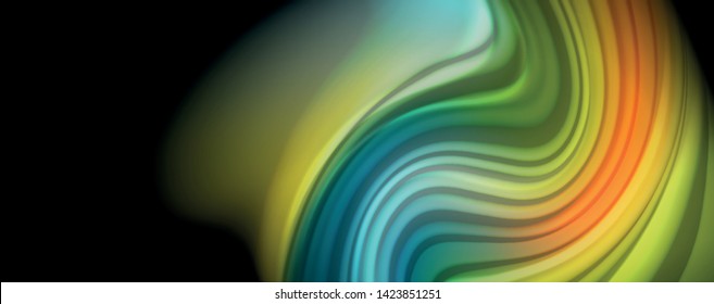 Resumen de líneas de onda fluidos estilo arco iris rayas de color sobre fondo negro. Ilustración artística vectorial para presentación, fondo de pantalla de aplicación, cartel o afiche