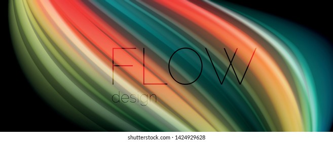 Abstrakte Wellenlinien fließende Regenbogenfarben-Streifen auf schwarzem Hintergrund. Vektorgrafik zur Präsentation, App-Bildschirmhintergrund, Banner oder Poster