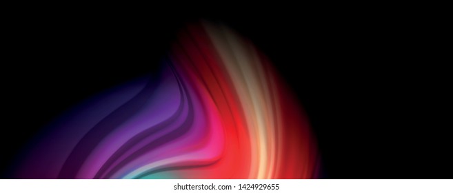 Resumen de líneas de onda fluidos estilo arco iris rayas de color sobre fondo negro. Ilustración artística vectorial para presentación, fondo de pantalla de aplicación, cartel o afiche