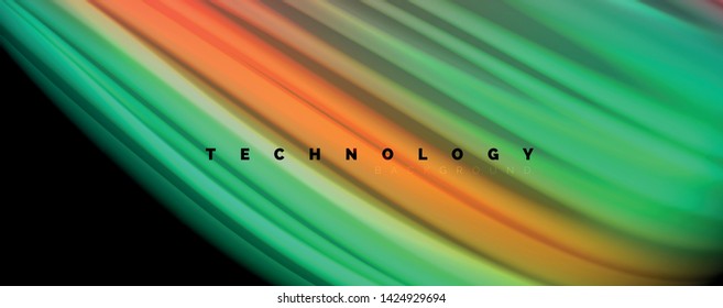 Resumen de líneas de onda fluidos estilo arco iris rayas de color sobre fondo negro. Ilustración artística vectorial para presentación, fondo de pantalla de aplicación, cartel o afiche