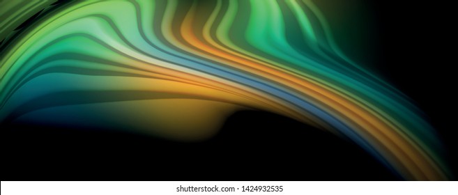 Abstrakte Wellenlinien fließende Regenbogenfarben-Streifen auf schwarzem Hintergrund. Vektorgrafik zur Präsentation, App-Bildschirmhintergrund, Banner oder Poster