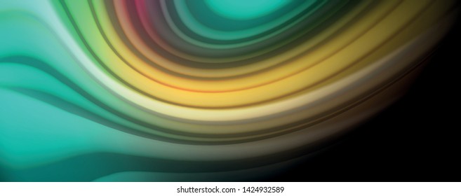 Resumen de líneas de onda fluidos estilo arco iris rayas de color sobre fondo negro. Ilustración artística vectorial para presentación, fondo de pantalla de aplicación, cartel o afiche