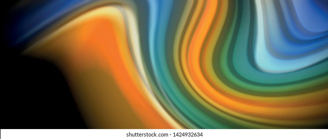 Resumen de líneas de onda fluidos estilo arco iris rayas de color sobre fondo negro. Ilustración artística vectorial para presentación, fondo de pantalla de aplicación, cartel o afiche