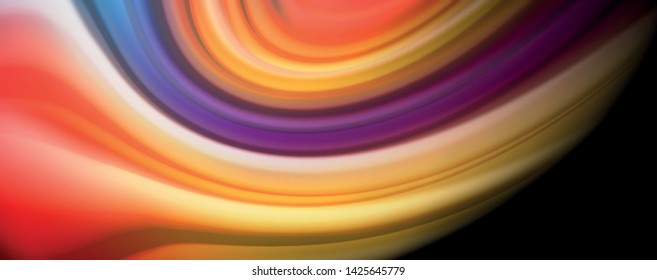 Resumen de líneas de onda fluidos estilo arco iris rayas de color sobre fondo negro. Ilustración artística vectorial para presentación, fondo de pantalla de aplicación, cartel o afiche