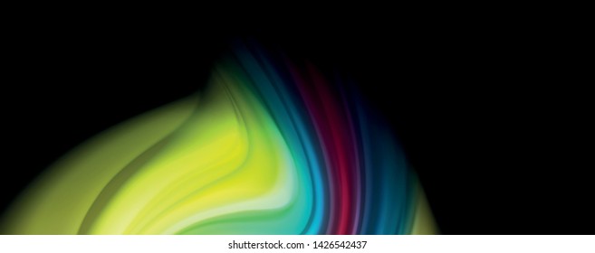 Abstrakte Wellenlinien fließende Regenbogenfarben-Streifen auf schwarzem Hintergrund. Vektorgrafik zur Präsentation, App-Bildschirmhintergrund, Banner oder Poster