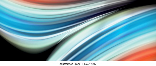 Resumen de líneas de onda fluidos estilo arco iris rayas de color sobre fondo negro. Ilustración artística vectorial para presentación, fondo de pantalla de aplicación, cartel o afiche