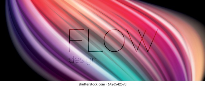 Resumen de líneas de onda fluidos estilo arco iris rayas de color sobre fondo negro. Ilustración artística vectorial para presentación, fondo de pantalla de aplicación, cartel o afiche