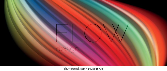 Abstrakte Wellenlinien fließende Regenbogenfarben-Streifen auf schwarzem Hintergrund. Vektorgrafik zur Präsentation, App-Bildschirmhintergrund, Banner oder Poster