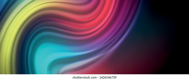 Abstrakte Wellenlinien fließende Regenbogenfarben-Streifen auf schwarzem Hintergrund. Vektorgrafik zur Präsentation, App-Bildschirmhintergrund, Banner oder Poster