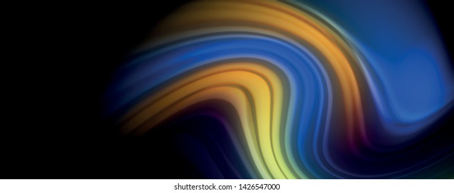 Resumen de líneas de onda fluidos estilo arco iris rayas de color sobre fondo negro. Ilustración artística vectorial para presentación, fondo de pantalla de aplicación, cartel o afiche
