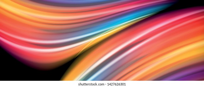 Abstrakte Wellenlinien fließende Regenbogenfarben-Streifen auf schwarzem Hintergrund. Vektorgrafik zur Präsentation, App-Bildschirmhintergrund, Banner oder Poster
