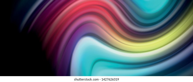 Resumen de líneas de onda fluidos estilo arco iris rayas de color sobre fondo negro. Ilustración artística vectorial para presentación, fondo de pantalla de aplicación, cartel o afiche