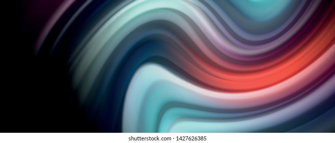 Resumen de líneas de onda fluidos estilo arco iris rayas de color sobre fondo negro. Ilustración artística vectorial para presentación, fondo de pantalla de aplicación, cartel o afiche