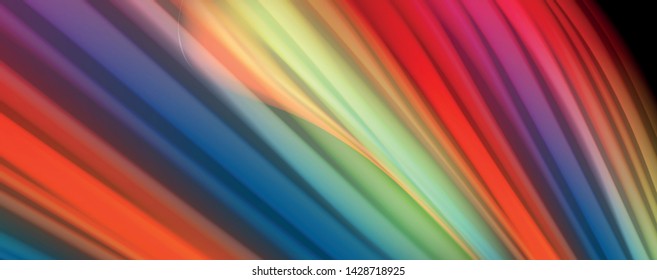 Resumen de líneas de onda fluidos estilo arco iris rayas de color sobre fondo negro. Ilustración artística vectorial para presentación, fondo de pantalla de aplicación, cartel o afiche