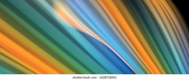 Resumen de líneas de onda fluidos estilo arco iris rayas de color sobre fondo negro. Ilustración artística vectorial para presentación, fondo de pantalla de aplicación, cartel o afiche