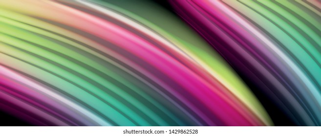 Resumen de líneas de onda fluidos estilo arco iris rayas de color sobre fondo negro. Ilustración artística vectorial para presentación, fondo de pantalla de aplicación, cartel o afiche