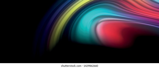 Resumen de líneas de onda fluidos estilo arco iris rayas de color sobre fondo negro. Ilustración artística vectorial para presentación, fondo de pantalla de aplicación, cartel o afiche