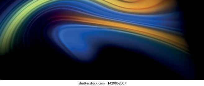 Resumen de líneas de onda fluidos estilo arco iris rayas de color sobre fondo negro. Ilustración artística vectorial para presentación, fondo de pantalla de aplicación, cartel o afiche