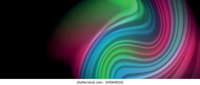 Resumen de líneas de onda fluidos estilo arco iris rayas de color sobre fondo negro. Ilustración artística vectorial para presentación, fondo de pantalla de aplicación, cartel o afiche