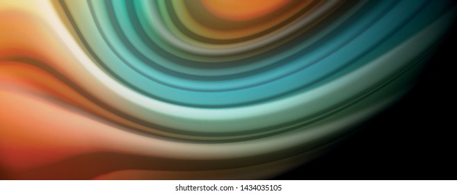 Abstrakte Wellenlinien fließende Regenbogenfarben-Streifen auf schwarzem Hintergrund. Vektorgrafik zur Präsentation, App-Bildschirmhintergrund, Banner oder Poster
