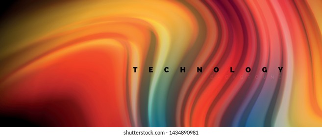 Resumen de líneas de onda fluidos estilo arco iris rayas de color sobre fondo negro. Ilustración artística vectorial para presentación, fondo de pantalla de aplicación, cartel o afiche