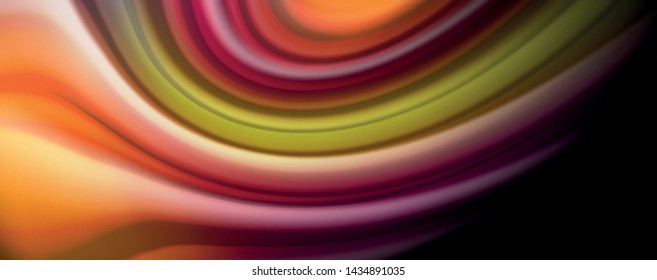 Resumen de líneas de onda fluidos estilo arco iris rayas de color sobre fondo negro. Ilustración artística vectorial para presentación, fondo de pantalla de aplicación, cartel o afiche