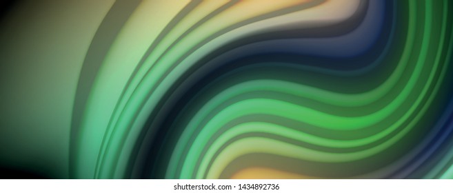 Abstrakte Wellenlinien fließende Regenbogenfarben-Streifen auf schwarzem Hintergrund. Vektorgrafik zur Präsentation, App-Bildschirmhintergrund, Banner oder Poster