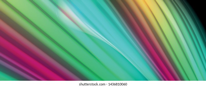 Resumen de líneas de onda fluidos estilo arco iris rayas de color sobre fondo negro. Ilustración artística vectorial para presentación, fondo de pantalla de aplicación, cartel o afiche