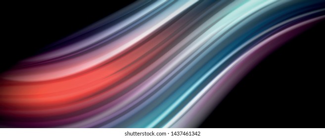 Resumen de líneas de onda fluidos estilo arco iris rayas de color sobre fondo negro. Ilustración artística vectorial para presentación, fondo de pantalla de aplicación, cartel o afiche