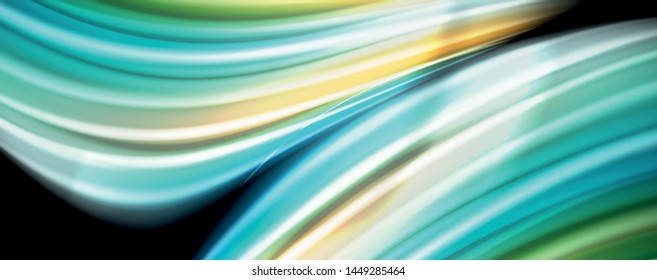 Resumen de líneas de onda fluidos estilo arco iris rayas de color sobre fondo negro. Ilustración artística vectorial para presentación, fondo de pantalla de aplicación, cartel o afiche
