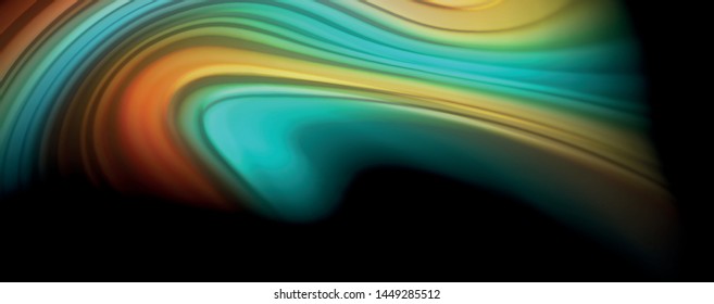 Resumen de líneas de onda fluidos estilo arco iris rayas de color sobre fondo negro. Ilustración artística vectorial para presentación, fondo de pantalla de aplicación, cartel o afiche