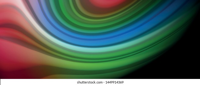 Abstrakte Wellenlinien fließende Regenbogenfarben-Streifen auf schwarzem Hintergrund. Vektorgrafik zur Präsentation, App-Bildschirmhintergrund, Banner oder Poster
