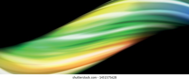 Resumen de líneas de onda fluidos estilo arco iris rayas de color sobre fondo negro. Ilustración artística vectorial para presentación, fondo de pantalla de aplicación, cartel o afiche