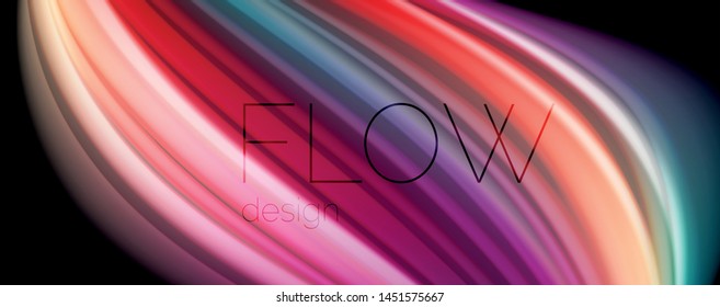 Resumen de líneas de onda fluidos estilo arco iris rayas de color sobre fondo negro. Ilustración artística vectorial para presentación, fondo de pantalla de aplicación, cartel o afiche