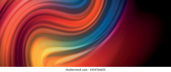 Resumen de líneas de onda fluidos estilo arco iris rayas de color sobre fondo negro. Ilustración artística vectorial para presentación, fondo de pantalla de aplicación, cartel o afiche