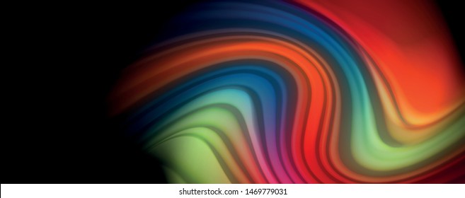 Resumen de líneas de onda fluidos estilo arco iris rayas de color sobre fondo negro. Ilustración artística vectorial para presentación, fondo de pantalla de aplicación, cartel o afiche