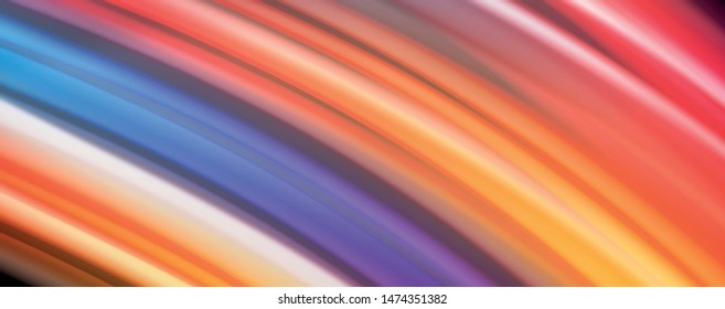 Resumen de líneas de onda fluidos estilo arco iris rayas de color sobre fondo negro. Ilustración artística vectorial para presentación, fondo de pantalla de aplicación, cartel o afiche