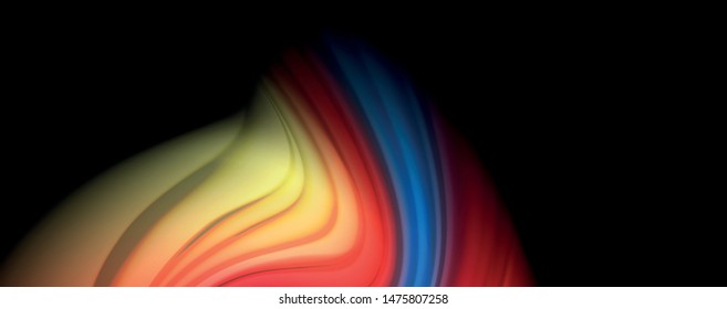 Resumen de líneas de onda fluidos estilo arco iris rayas de color sobre fondo negro. Ilustración artística vectorial para presentación, fondo de pantalla de aplicación, cartel o afiche