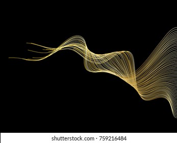 Abstract wave lines gold color isolated on black background. For vector design elements in concept luxury technology, creative, science