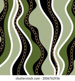 Resumen de líneas onduladas con cadena dorada sobre fondo negro.Ilustración vectorial. 
