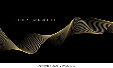 Abstract wave lines luxury shiny gold color on black background. Futuristic flow of shining gold line waves. Suitable for banners, posters, covers, brochures, flyers, websites