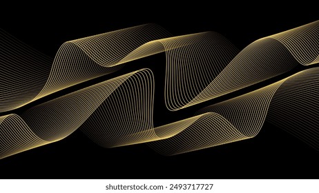 Abstract wave lines luxury shiny gold color on black background. Futuristic flow of shining gold line waves. Suitable for banners, posters, covers, brochures, flyers, websites