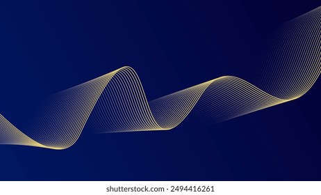 Líneas de onda Abstractas de lujo color dorado brillante sobre fondo azul oscuro. Flujo futurista de brillantes olas de línea dorada. Adecuado para Anuncios, carteles, cubiertas, folletos, volantes, Sitios web